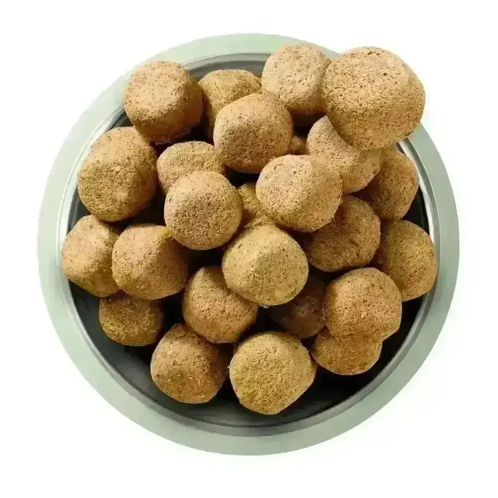 Natures Menu freeze dried 80/20 lamb dog food in brown bowl