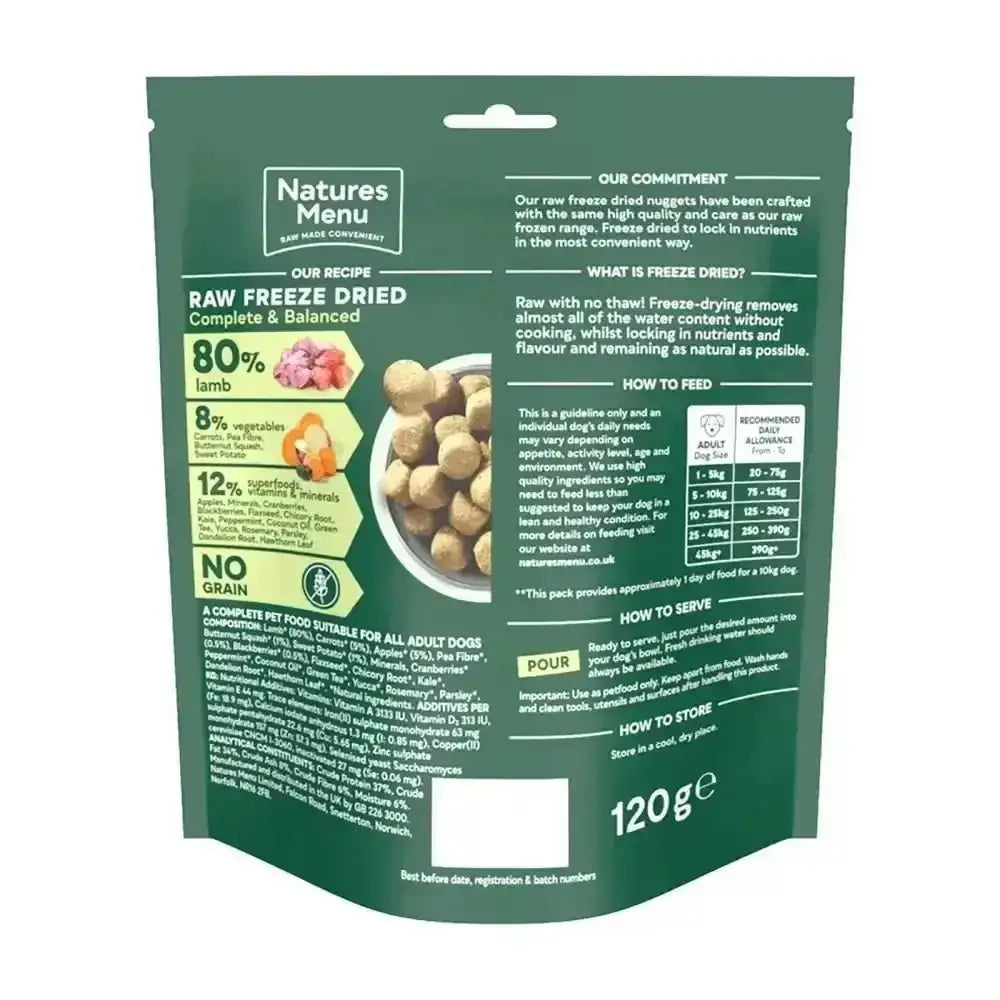 Natures Menu freeze dried dog food pouch, 120g lamb