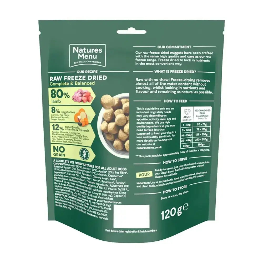 Natures Menu freeze dried dog food pouch, 120g lamb