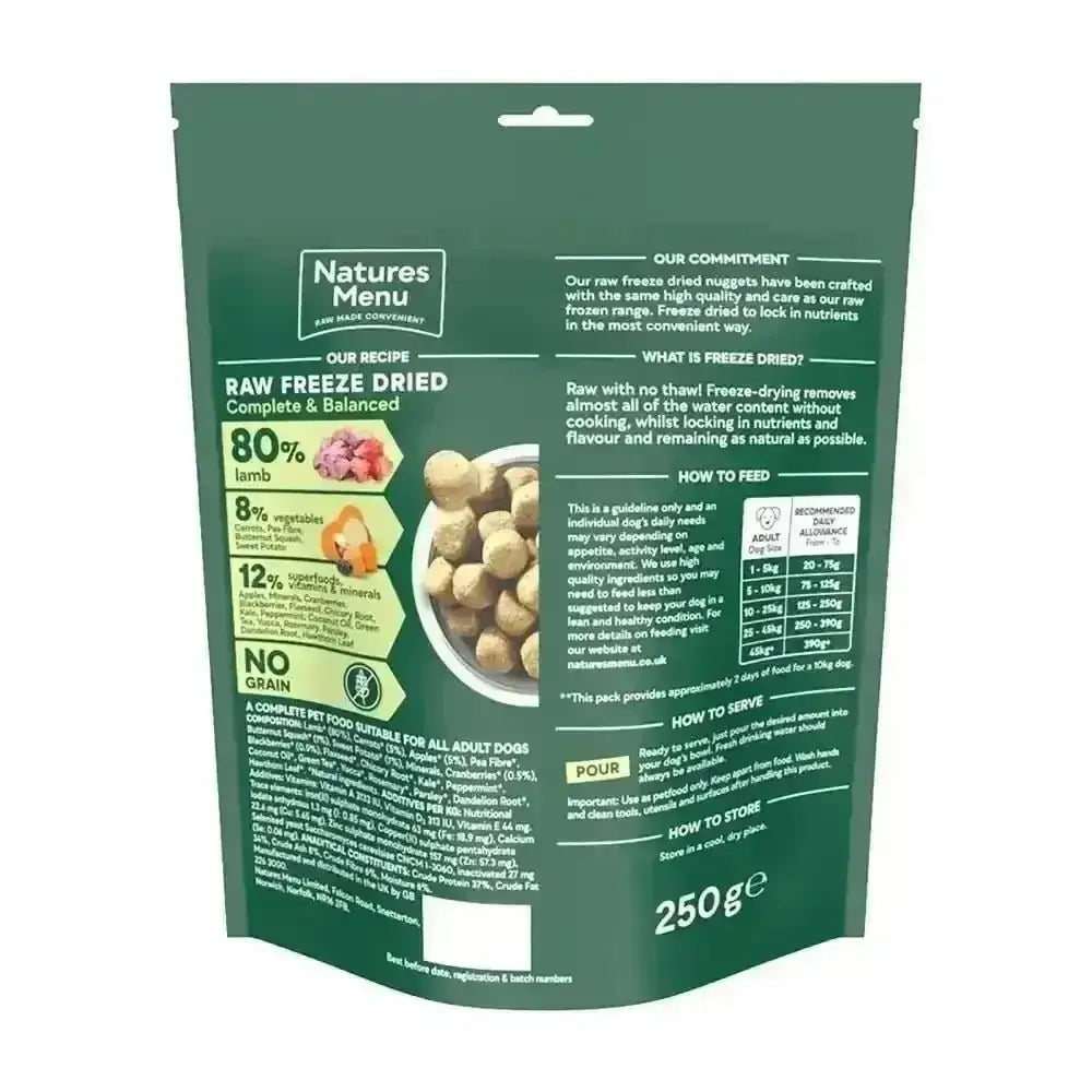Natures Menu freeze dried dog food: 80/20 Lamb 250g pouch with morsels