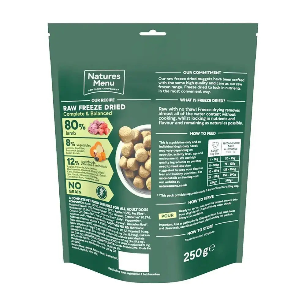 Natures Menu freeze dried dog food: 80/20 Lamb 250g pouch with morsels