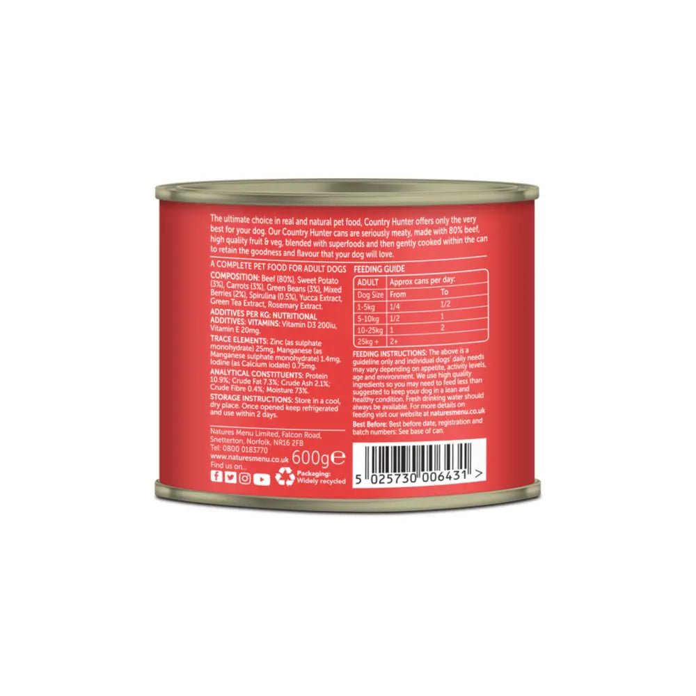 Natures Menu Country Hunter Dog Food Beef with Superfoods Can, red tin with white label and nutritious blend info