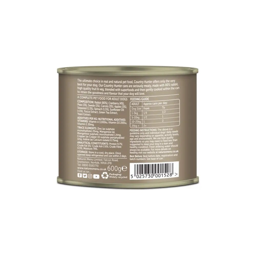 Natures Menu Country Hunter olive green rabbit dog food can with nutritional label