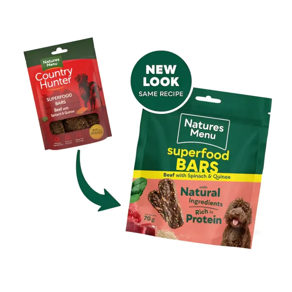 Natures Menu Country Hunter Superfood Bar with beef, spinach, and quinoa for balanced nutrition