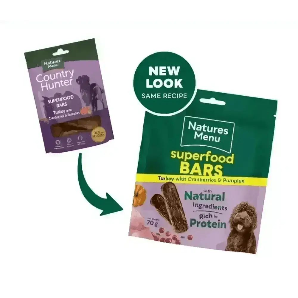 Natures Menu Country Hunter Superfood Bar with turkey, cranberries, and pumpkin flavor