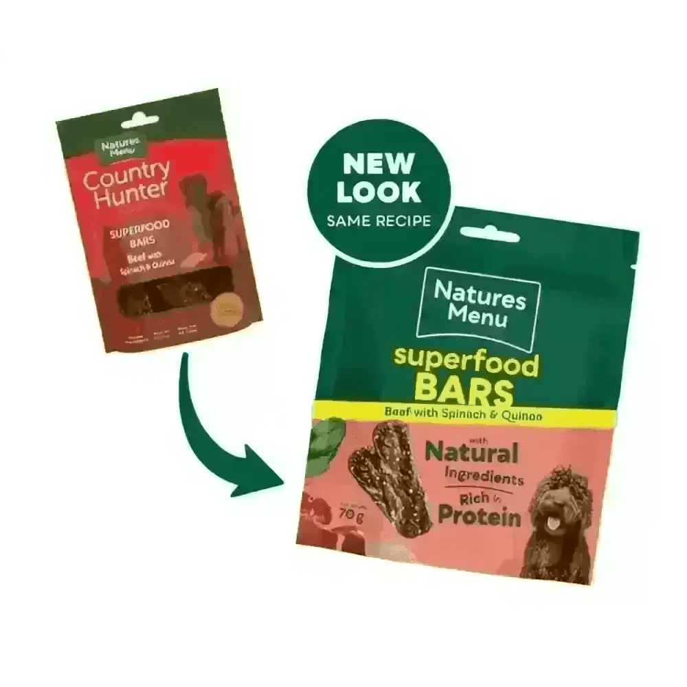 Natures Menu Country Hunter Superfood Bar with beef, spinach, and quinoa for balanced nutrition