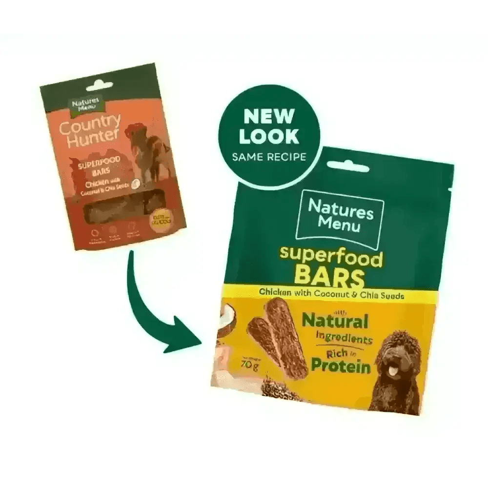 Natures Menu Country Hunter Superfood Bar with chicken, coconut, chia seeds, rich in protein