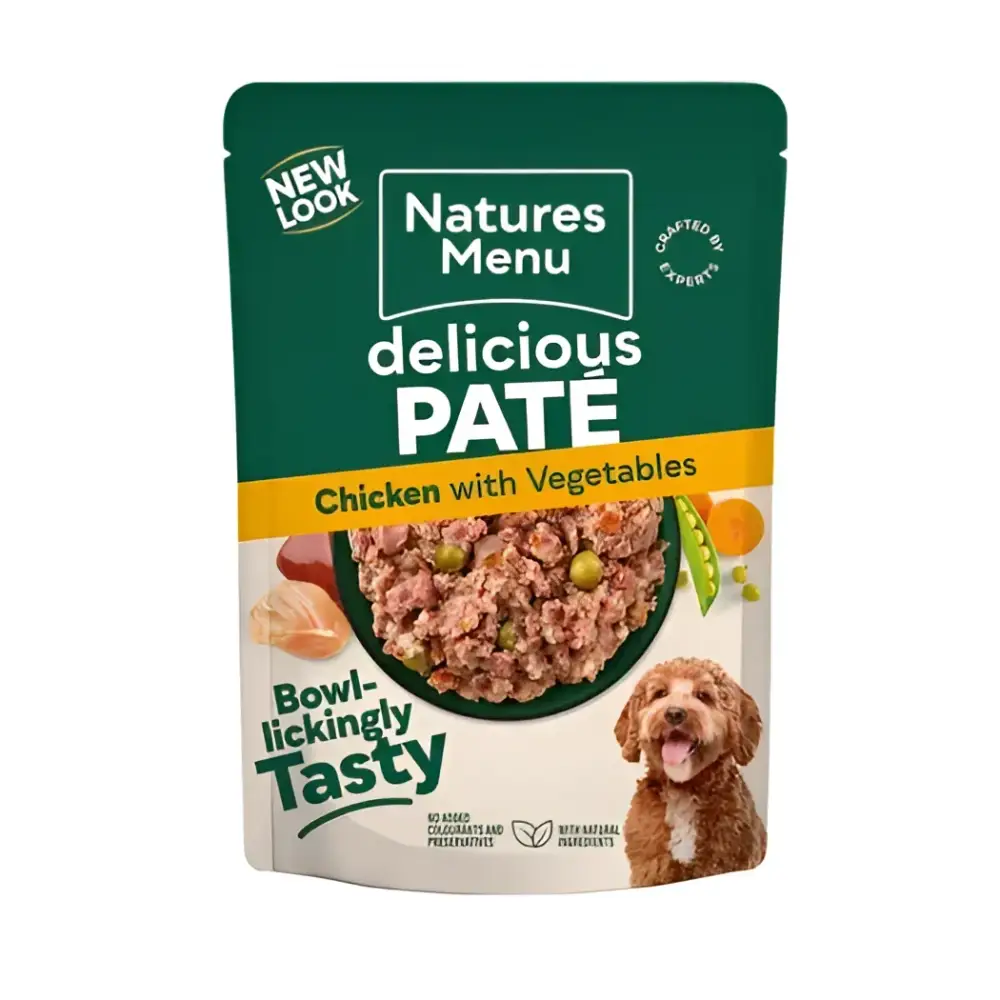Natures Menu chicken with vegetables pate dog food pouch multipack, gently cooked with vitamin D3 200IU and calcium iodate