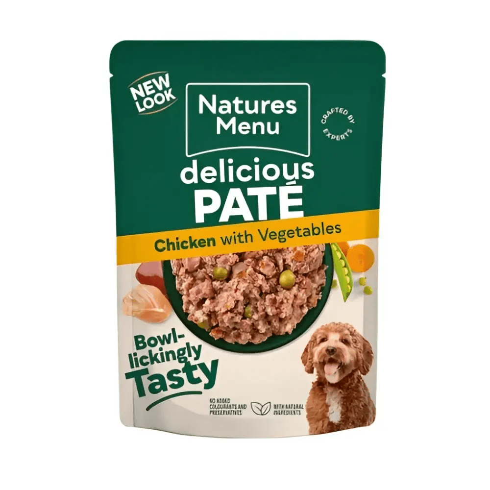 Natures Menu chicken with vegetables pate dog food pouch multipack, gently cooked with vitamin D3 200IU and calcium iodate
