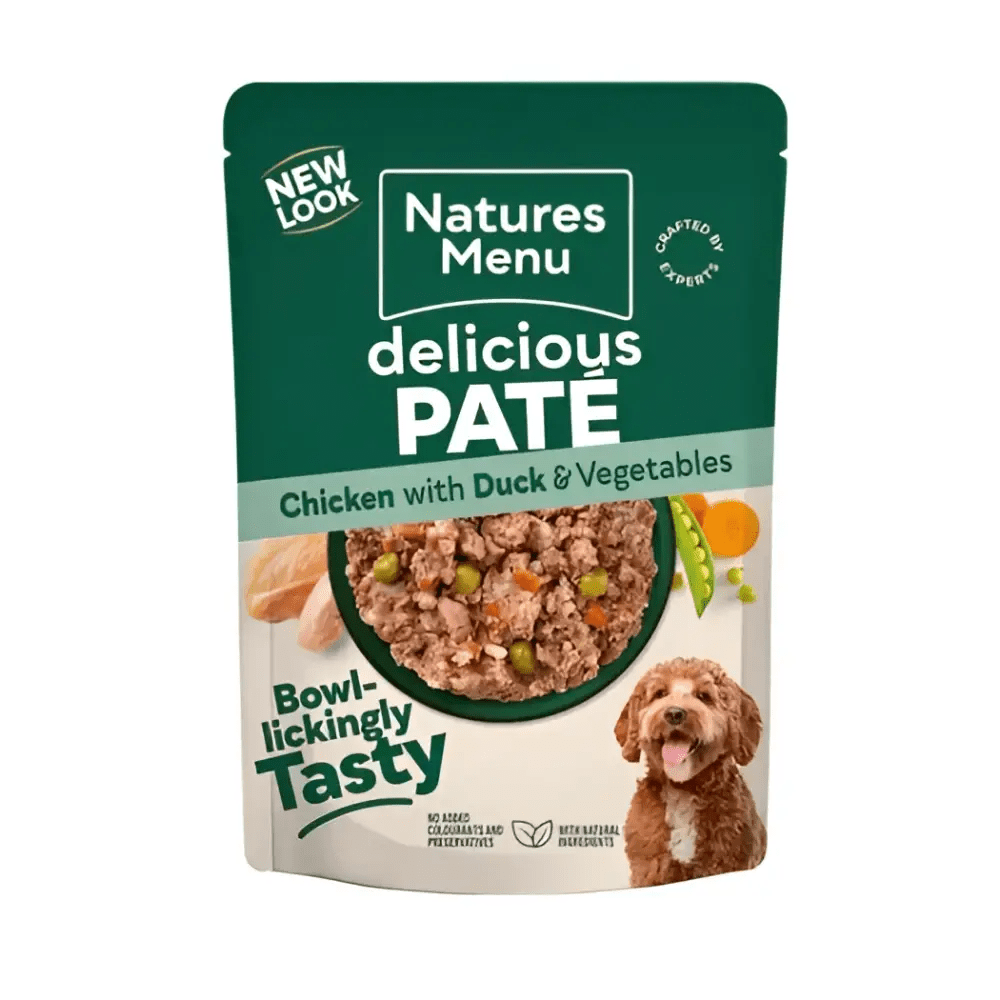 Natures Menu gently cooked chicken with duck and vegetables pate dog food pouch multipack, with vitamin D3 200IU and calcium iodate