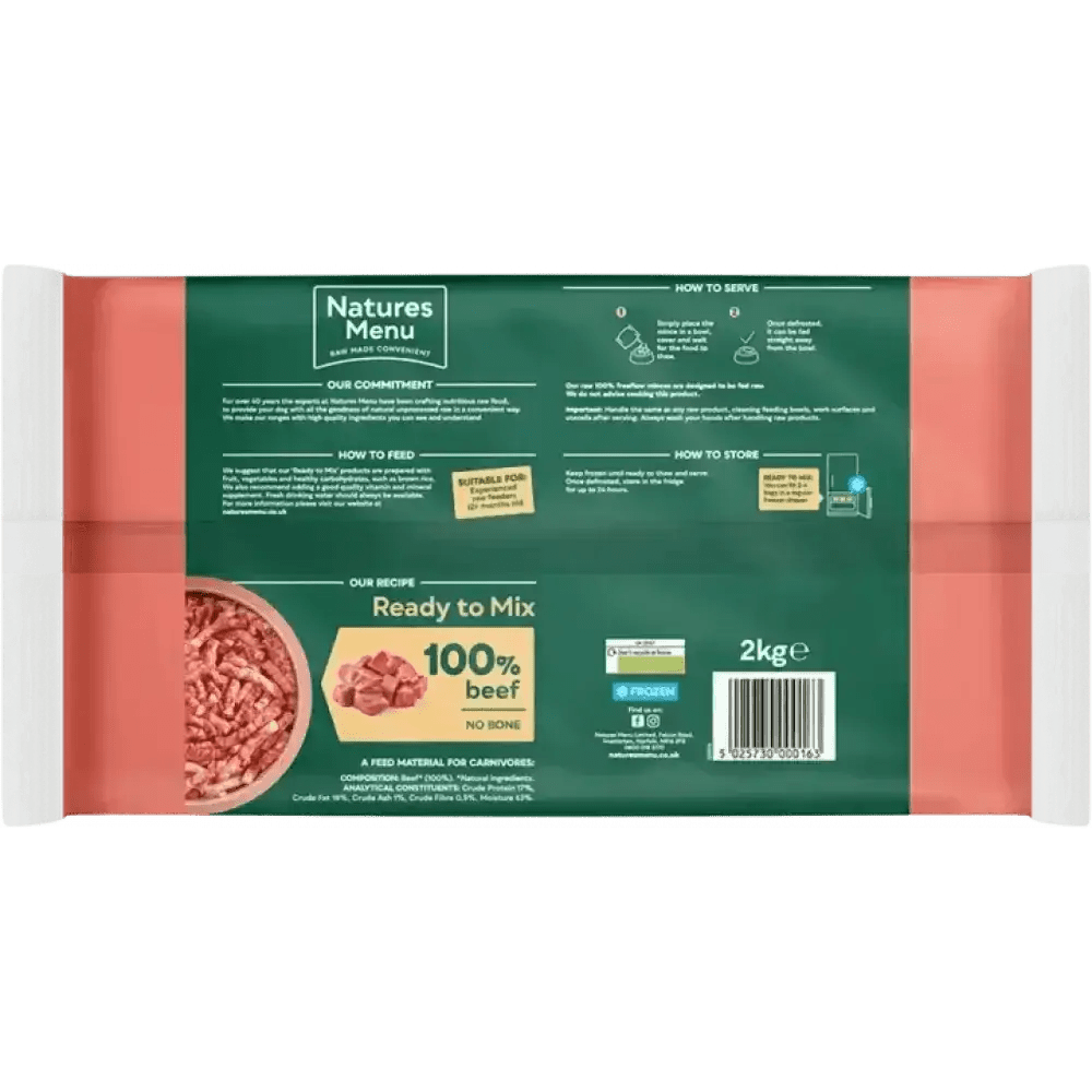 Natures Menu Freeflow Beef high quality mince beef in 2kg ready-to-mix pet food bag