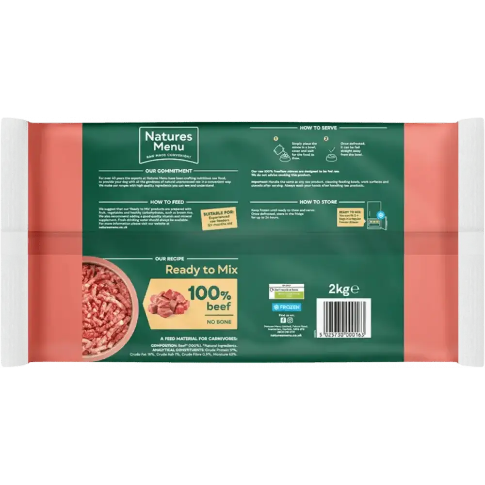 Natures Menu Freeflow Beef high quality mince beef in 2kg ready-to-mix pet food bag