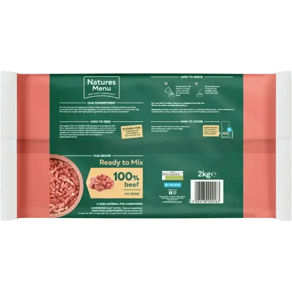 Natures Menu Freeflow Beef high quality mince beef in 2kg ready-to-mix pet food bag