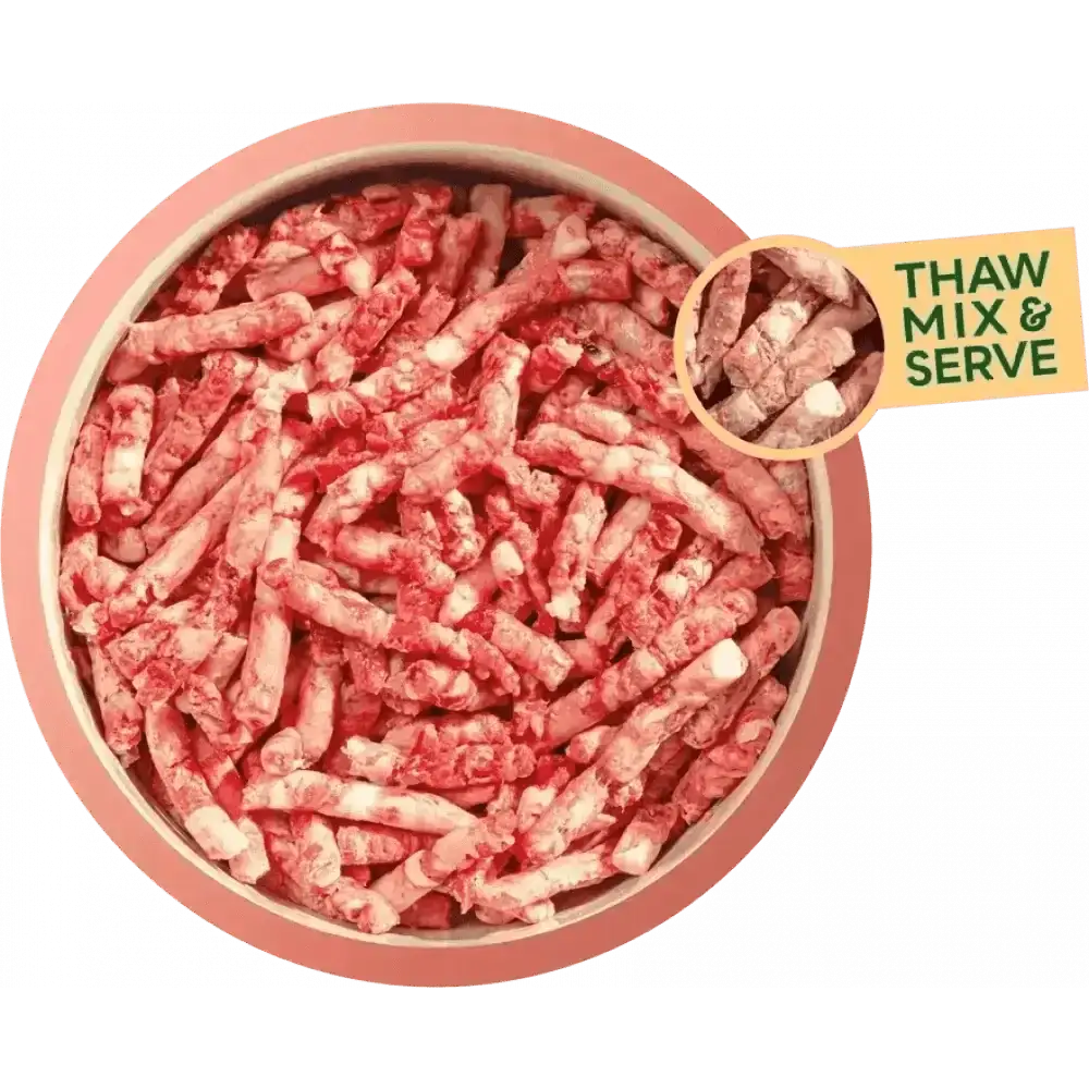 Ground beef sticks in a pink bowl from Natures Menu Freeflow Beef in high quality mince beef format