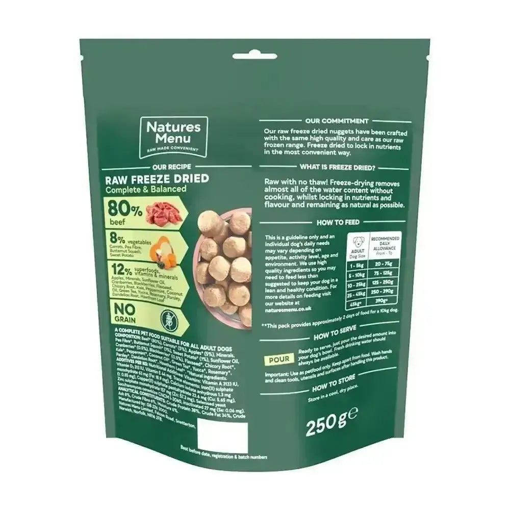 Natures Menu freeze dried 80/20 quality beef dog food 250g bag