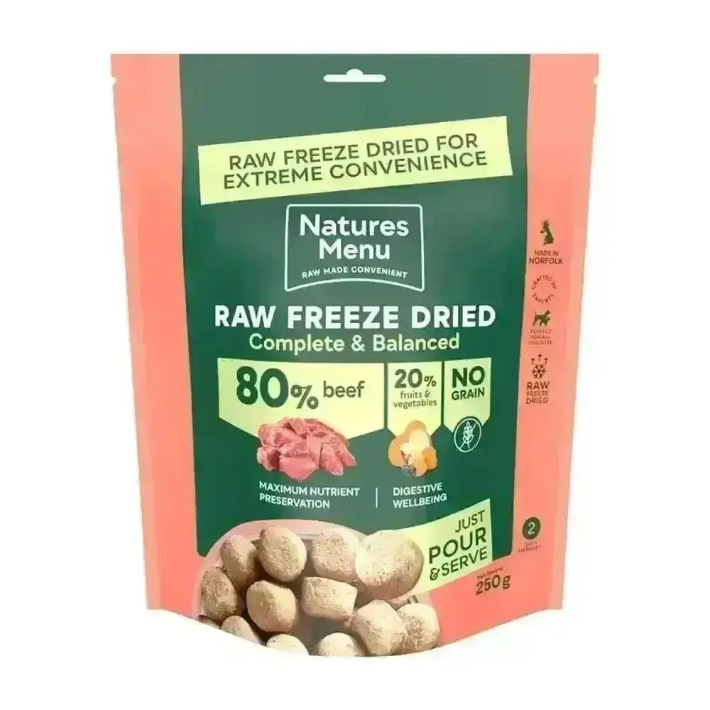 Natures Menu freeze dried 80/20 quality beef dog food pouch, 250g