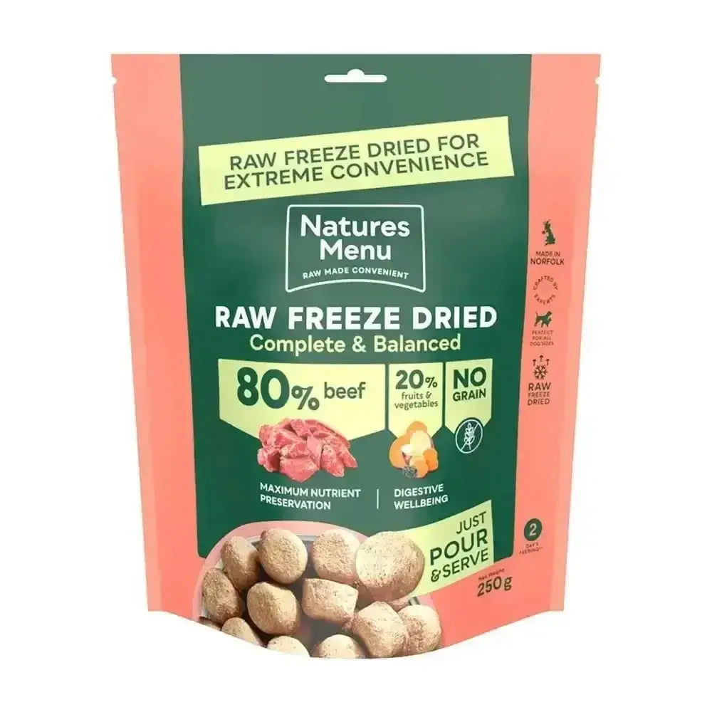 Natures Menu freeze dried 80/20 quality beef dog food pouch, 250g