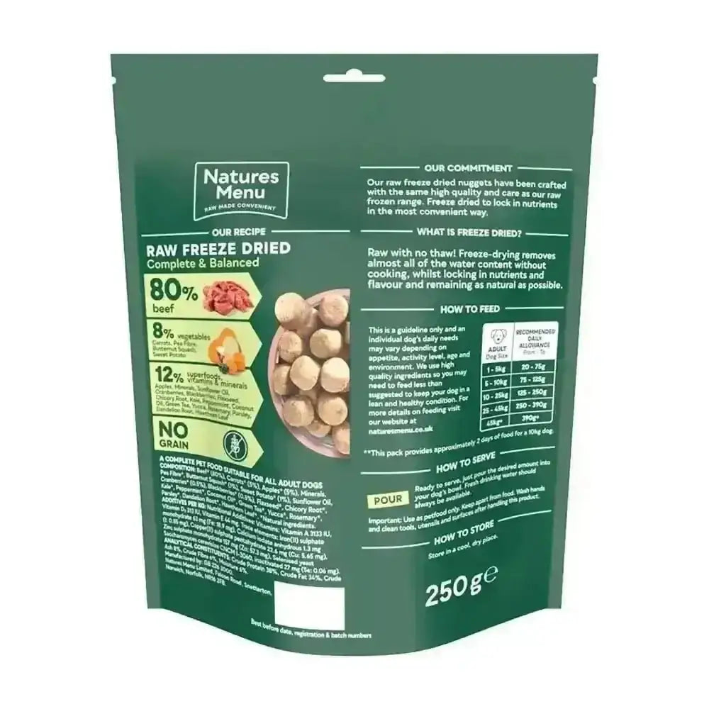 Natures Menu freeze dried 80/20 quality beef dog food 250g bag