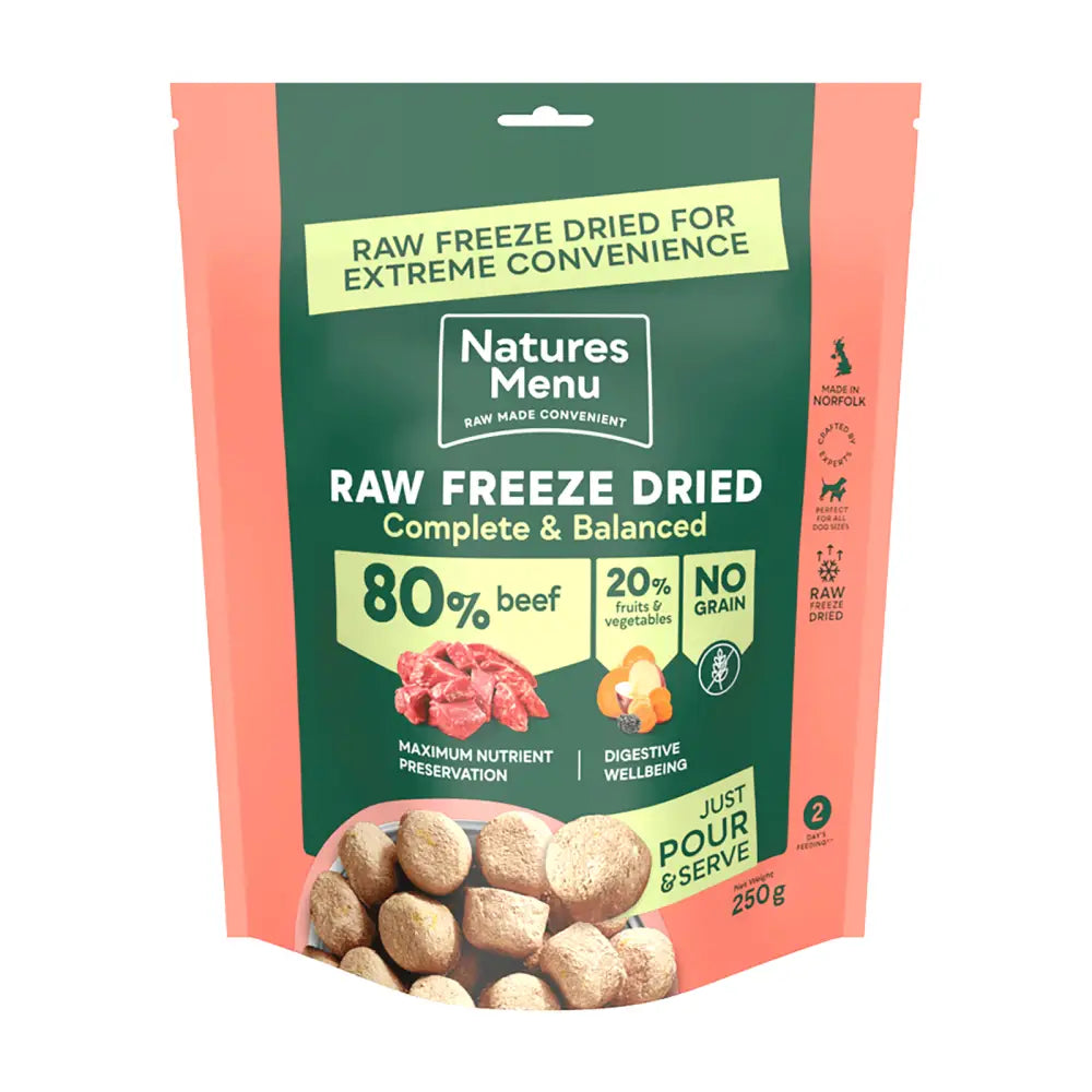 Natures Menu freeze dried 80/20 quality beef dog food pouch, 250g