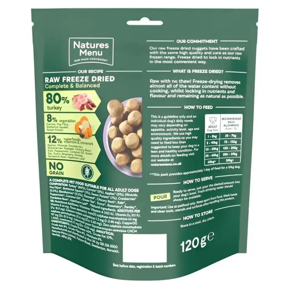 Natures Menu freeze dried 80/20 turkey dog food pouch, 120g