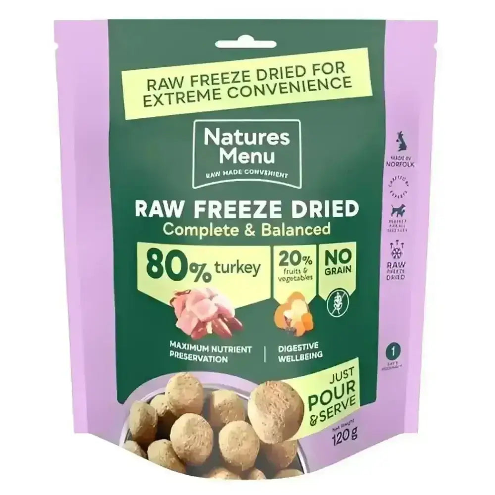 Natures Menu freeze dried 80/20 turkey dog food 120g pack