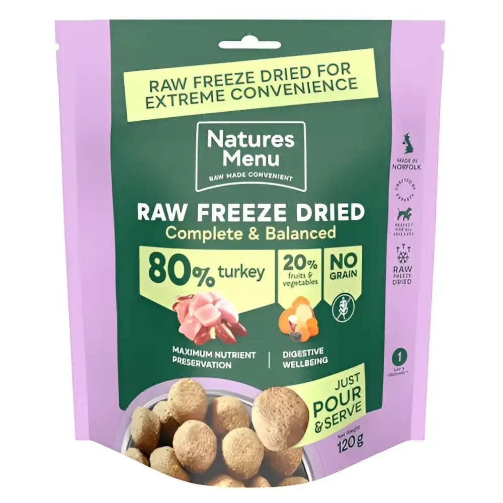 Natures Menu freeze dried 80/20 turkey dog food 120g pack