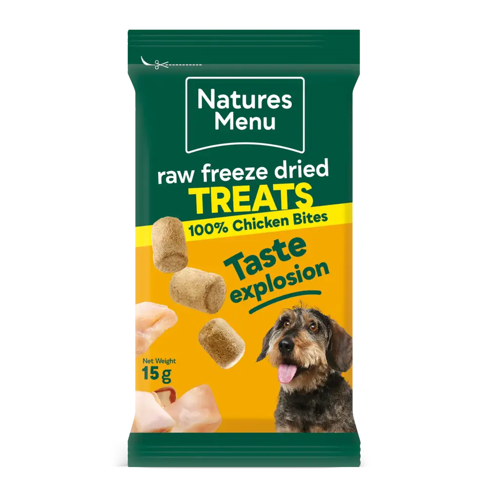 Natures Menu raw freeze dried treats packaging for dogs on a white background