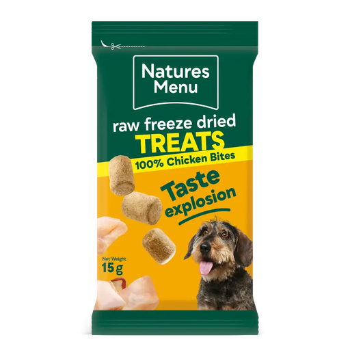 Natures Menu raw freeze dried treats packaging for dogs on a white background