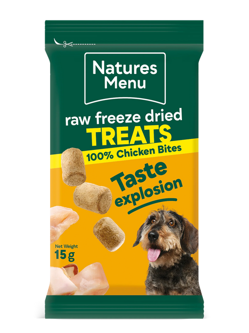 Natures Menu raw freeze dried treats packaging for dogs on a white background