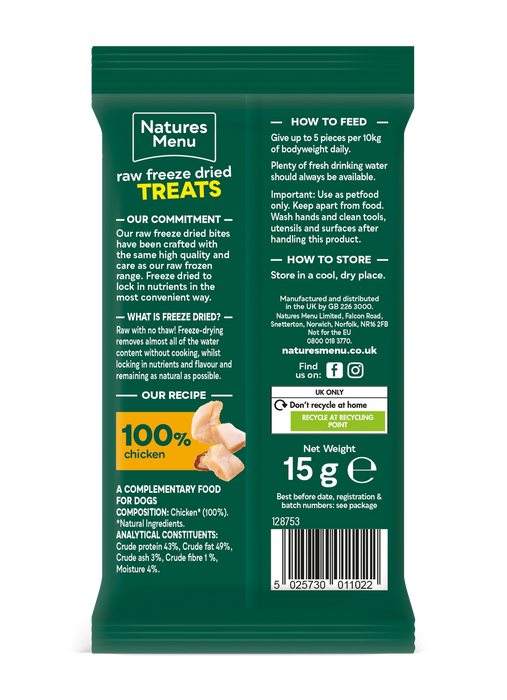 Natures Menu raw freeze-dried treats packaging with green background