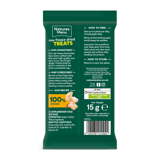 Natures Menu raw freeze-dried treats packaging with green background