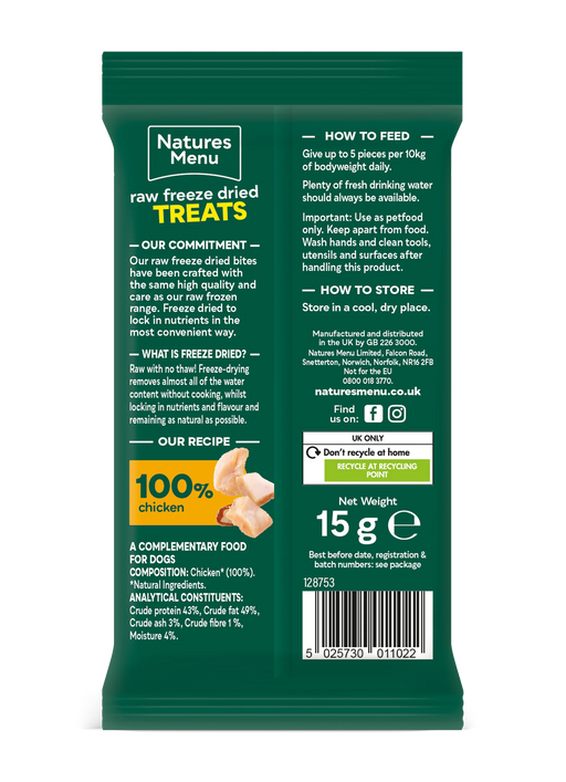 Natures Menu raw freeze-dried treats packaging with green background
