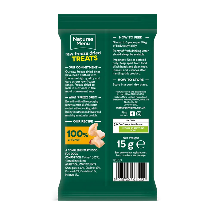 Natures Menu raw freeze-dried treats packaging with green background