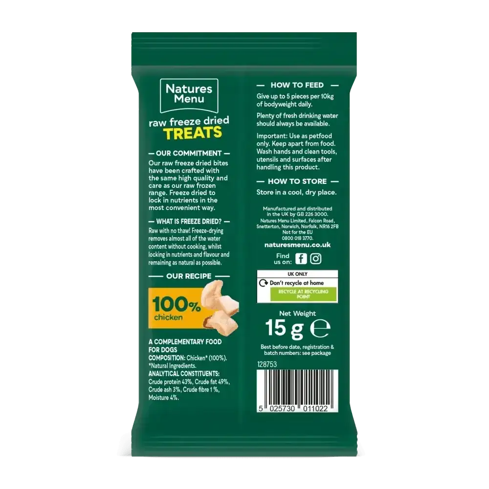 Natures Menu Freeze Dried Dog Treats with 100% Quality Chicken in green and white packaging