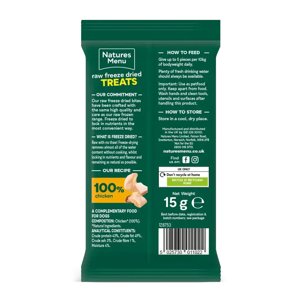 Natures Menu Freeze Dried Dog Treats with 100% Quality Chicken in green and white packaging