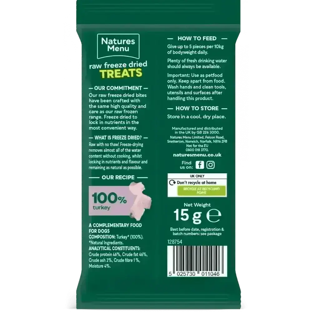 Freeze dried dog treats made from quality turkey, Natures Menu Freeze Dried Turkey Bites 15g
