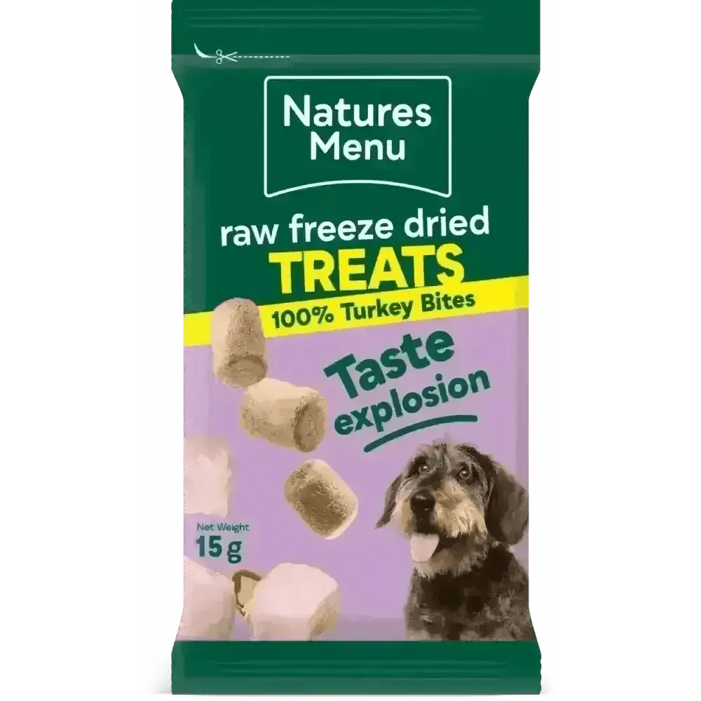 Natures Menu Freeze Dried Turkey Bites dog treats made from quality turkey for pets