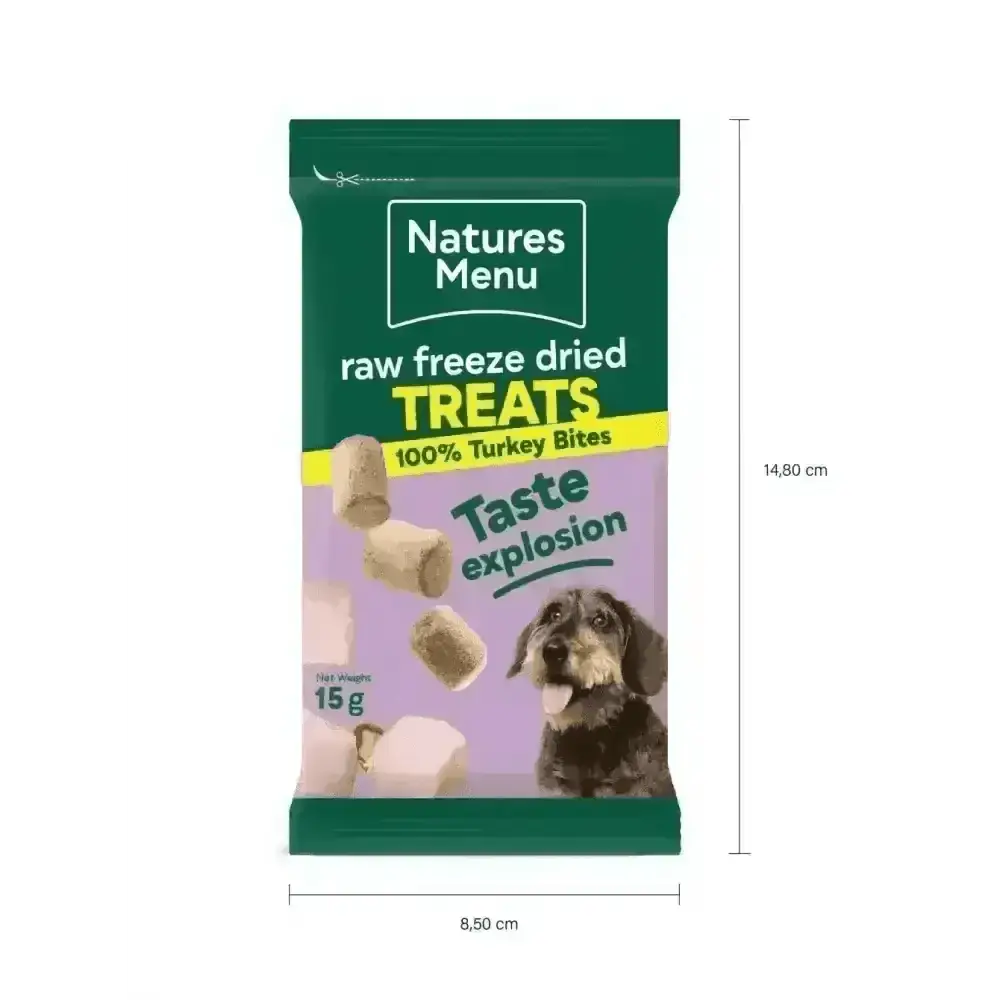 Natures Menu Freeze Dried Turkey Bites dog treats made from quality turkey for pets