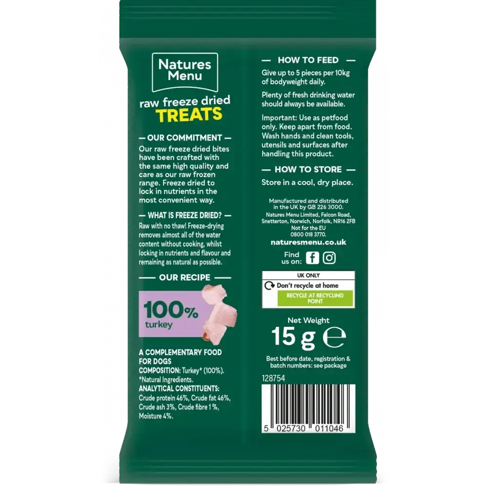 Freeze dried dog treats made from quality turkey, Natures Menu Freeze Dried Turkey Bites 15g