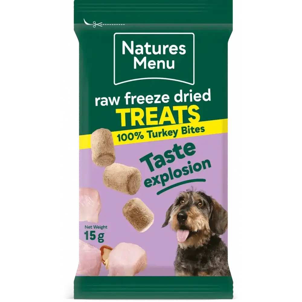 Natures Menu Freeze Dried Turkey Bites dog treats made from quality turkey for pets