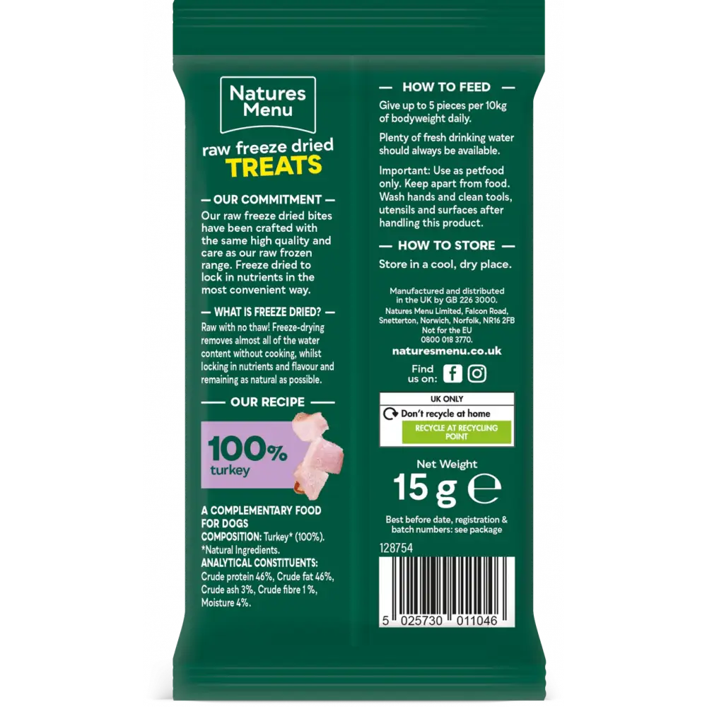 Natures Menu raw freeze-dried treats packaging with text and branding.