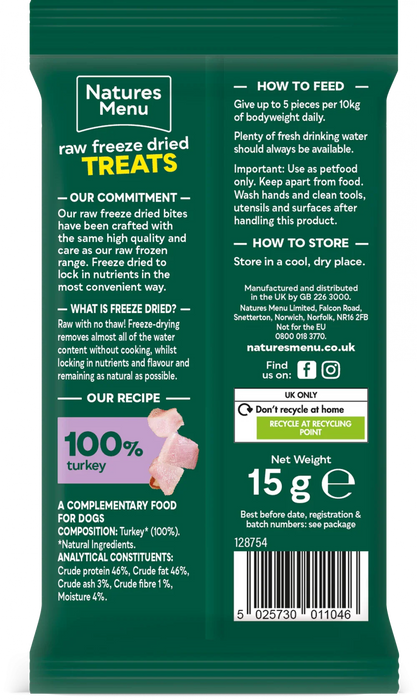 Natures Menu raw freeze-dried treats packaging with text and branding.