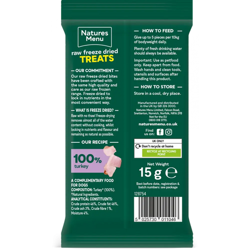 Natures Menu raw freeze-dried treats packaging with text and branding.