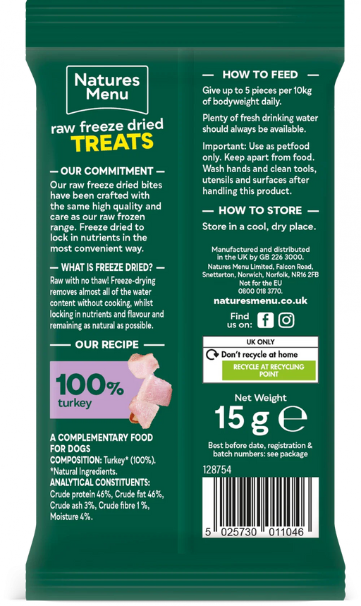 Natures Menu raw freeze-dried treats packaging with text and branding.