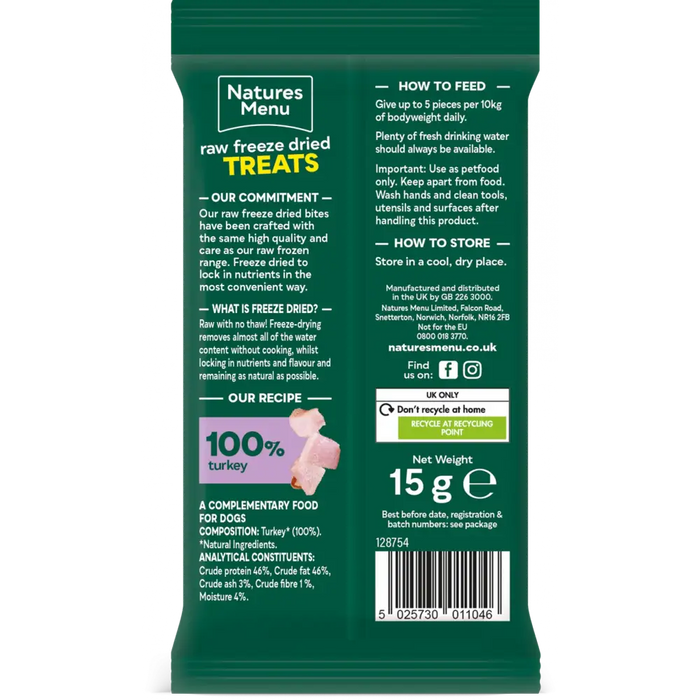 Natures Menu raw freeze-dried treats packaging with text and branding.
