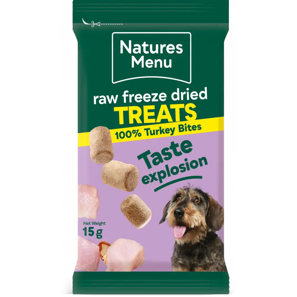 Natures Menu raw freeze dried treats packaging for dogs with a purple background and dog illustration.