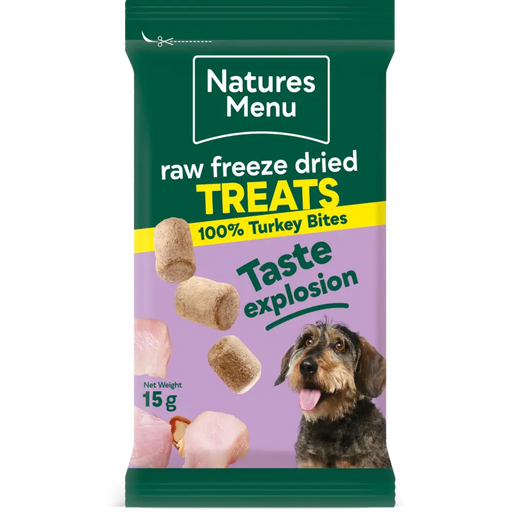 Natures Menu raw freeze dried treats packaging for dogs with a purple background and dog illustration.