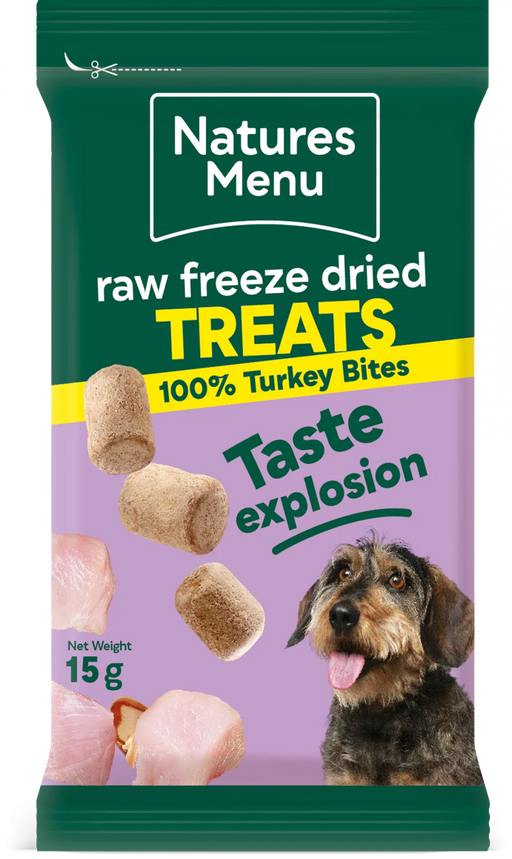 Natures Menu raw freeze dried treats packaging for dogs with a purple background and dog illustration.
