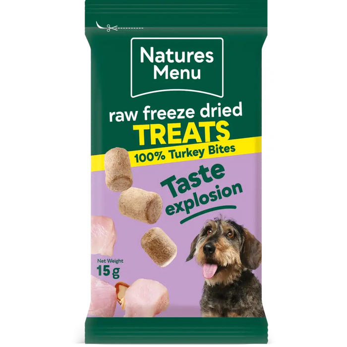 Natures Menu raw freeze dried treats packaging for dogs with a purple background and dog illustration.