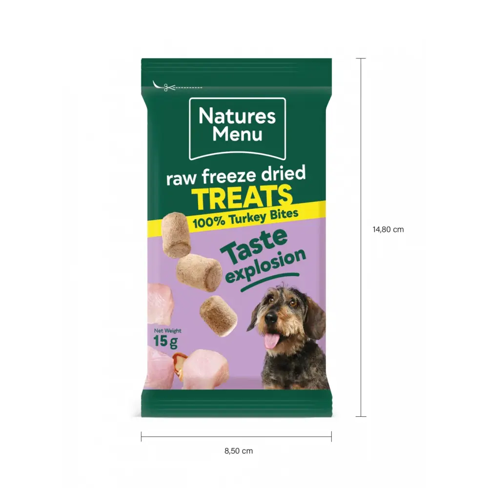 Natures Menu Freeze Dried Turkey Bites dog treats made from quality turkey for pets